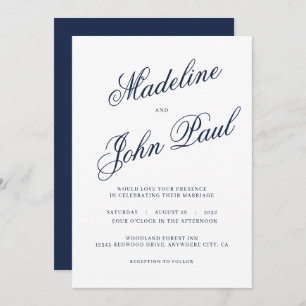 Contemporary Navy Blue Calligraphy Wedding Invitation