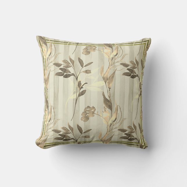 Contemporary Olive/Cream Stripes with Gold Leaf Cushion (Front)