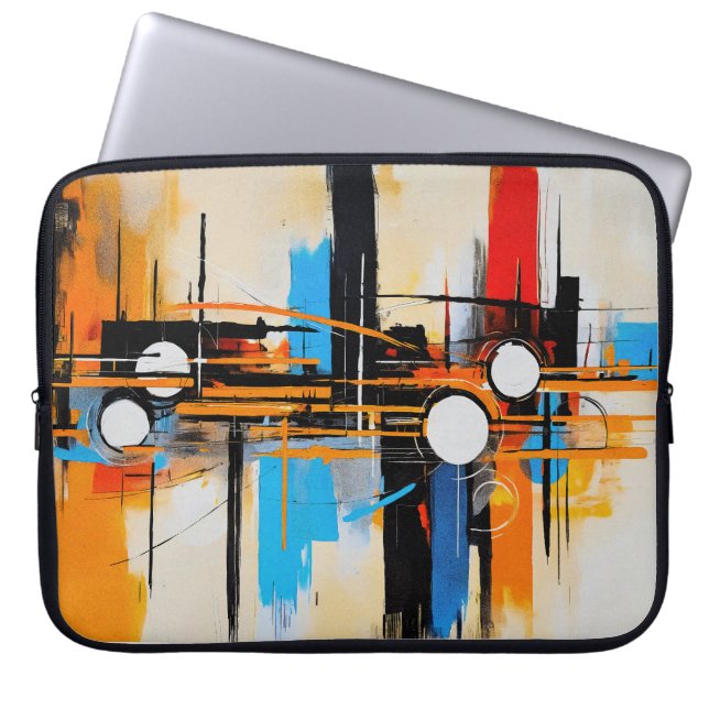 Contemporary Orange Blue Geometric Abstract Lines Laptop Sleeve (Front)