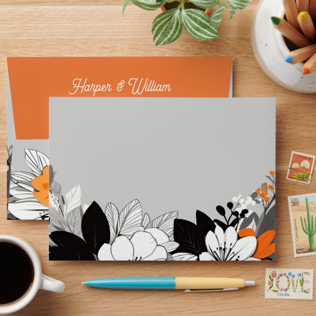 contemporary orange floral address wedding envelope (Desk)