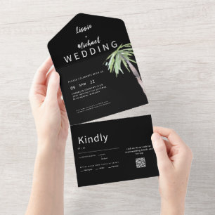 Contemporary  Palm Tree Black QR Code Wedding All In One Invitation