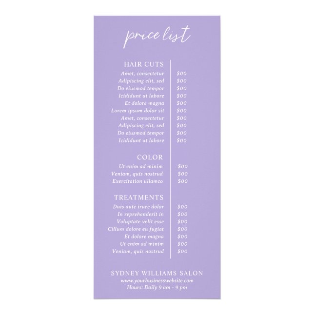 Contemporary Periwinkle Modern Price List Rack Card (Front)