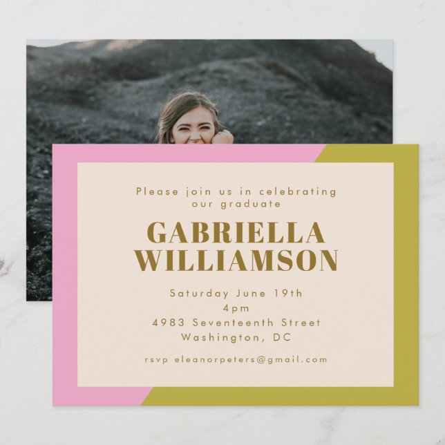 Contemporary Pink Green Chic Graduation Party  Invitation (Front/Back)