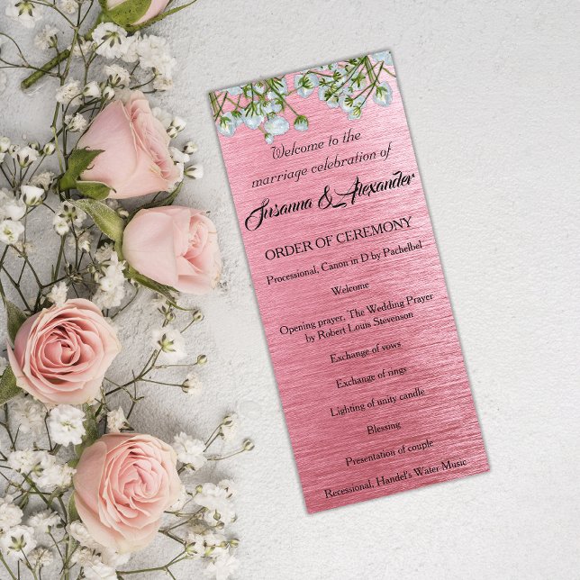 Contemporary Pink Metal and White Roses Wedding Programme (Creator Uploaded)