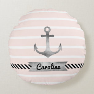 Contemporary Pink Stripes Anchor Personalised Round Cushion