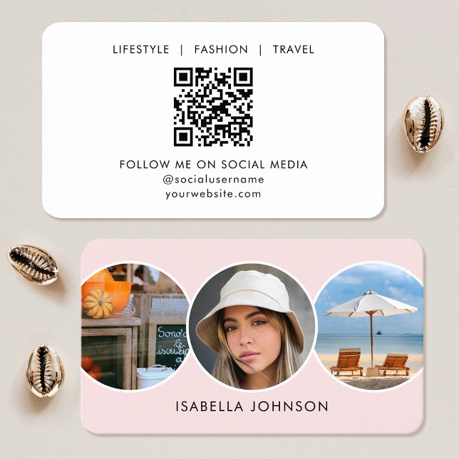 Contemporary Profile Photos QR Code Pink White Business Card (Creator Uploaded)