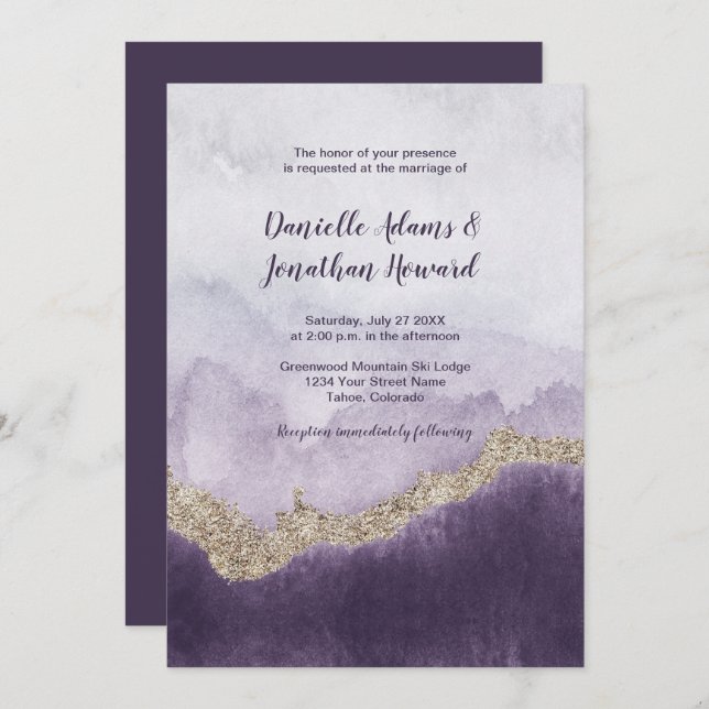Contemporary Purple Amethyst and Gold Wedding Invitation (Front/Back)