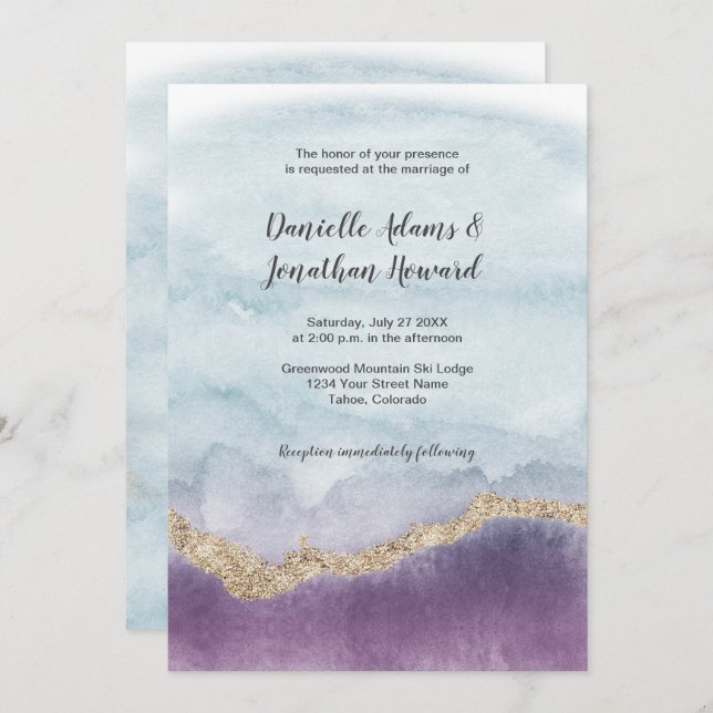 Contemporary Purple Turquoise Gold Marble Wedding Invitation (Front/Back)