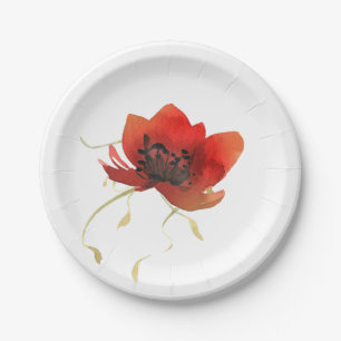 Contemporary Red Poppy and Simple Gold Foliage Paper Plate