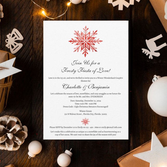 Contemporary Red Snowflake Winter Couple Shower Invitation (Creator Uploaded)