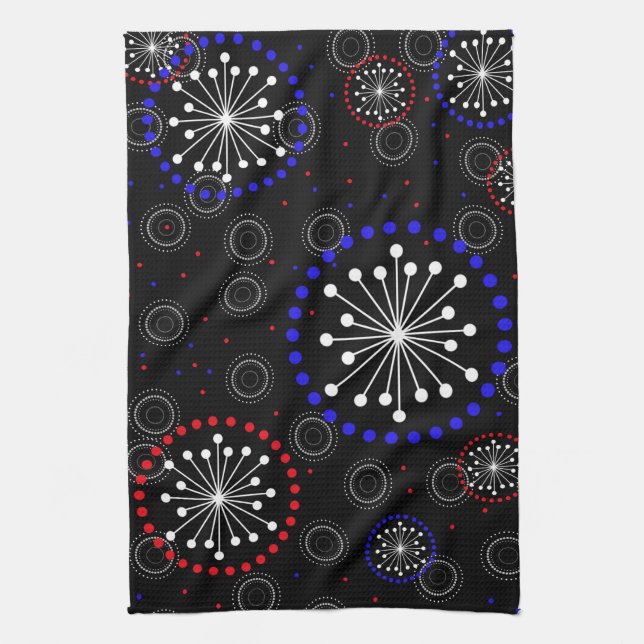 Contemporary Red White Blue Fireworks Tea Towel (Vertical)
