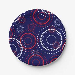 Contemporary Red White Fireworks on Blue Paper Plate