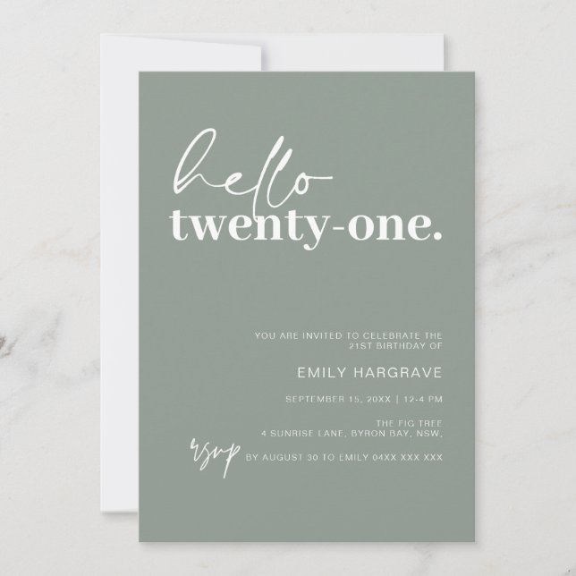 Contemporary Sage Hello 21st Birthday Party Invitation (Front)