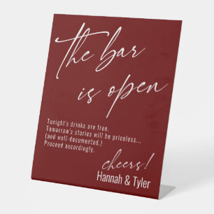 Contemporary Script Burgundy The Bar is Open Pedestal Sign