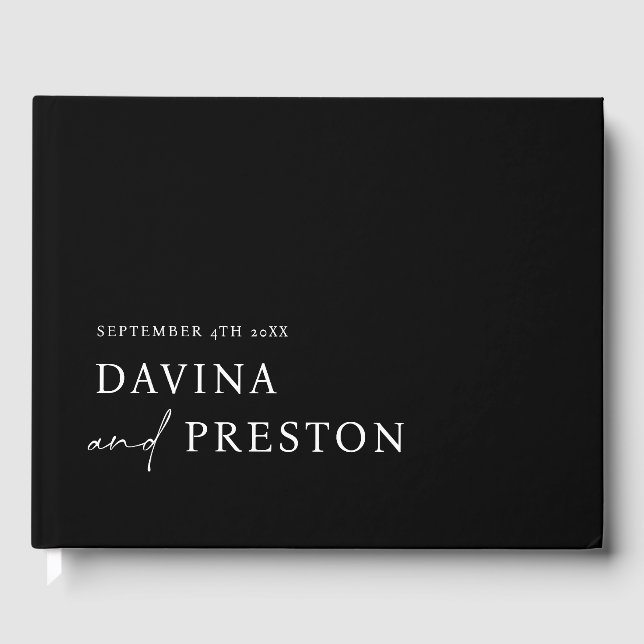 Contemporary Script Modern Simple Minimalist BLACK Guest Book (Front)