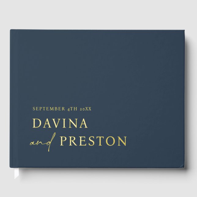 Contemporary Script Modern Simple Minimalist NAVY Guest Book (Front)
