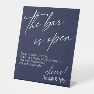 Contemporary Script Navy Blue The Bar is Open Pedestal Sign
