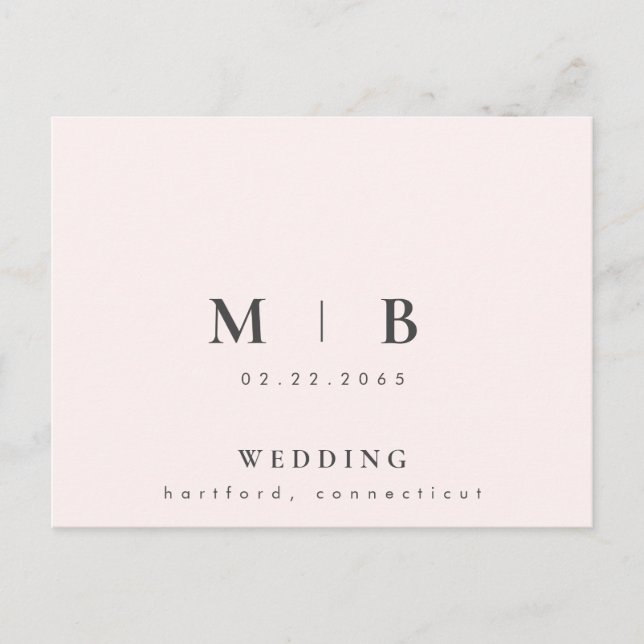 Contemporary Simple Sleek Monogram Blush Wedding  Invitation Postcard (Front)