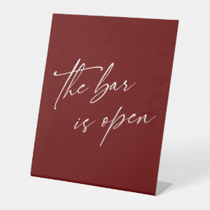 Contemporary, Simple The Bar is Open Burgundy Pedestal Sign