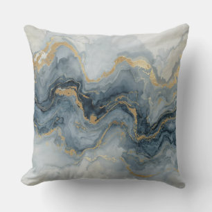 Contemporary Smoky Blue Grey Gold White Abstract Cushion