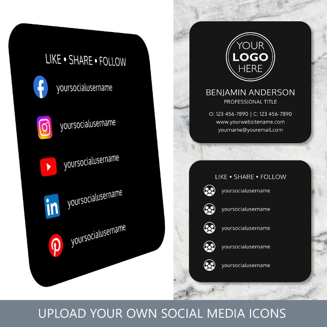 Contemporary Social Media Logo Black White Modern Square Business Card (Creator Uploaded)