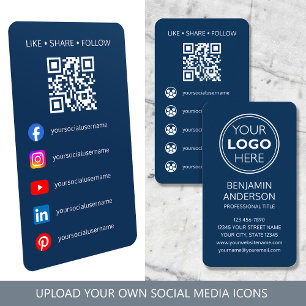 Contemporary Social Media Logo QR Code Navy Business Card