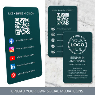 Contemporary Social Media Logo QR Code Teal Business Card