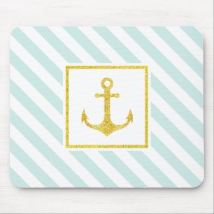Contemporary Striped Design Golden Anchor Mouse Pad