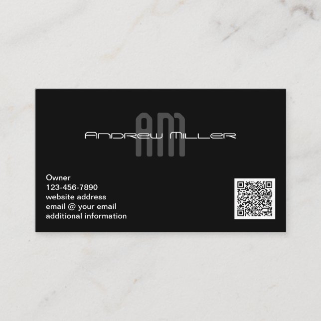 Contemporary Stylish Monogram Black QR Code Business Card (Front)