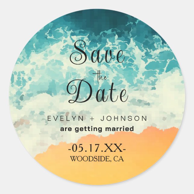  Contemporary Summer Ocean Beach Wedding  Classic Round Sticker (Front)