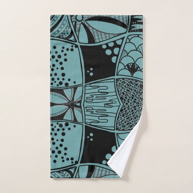 Contemporary Teal Grid & Leaf Illustration Hand  Towel (Hand Towel)