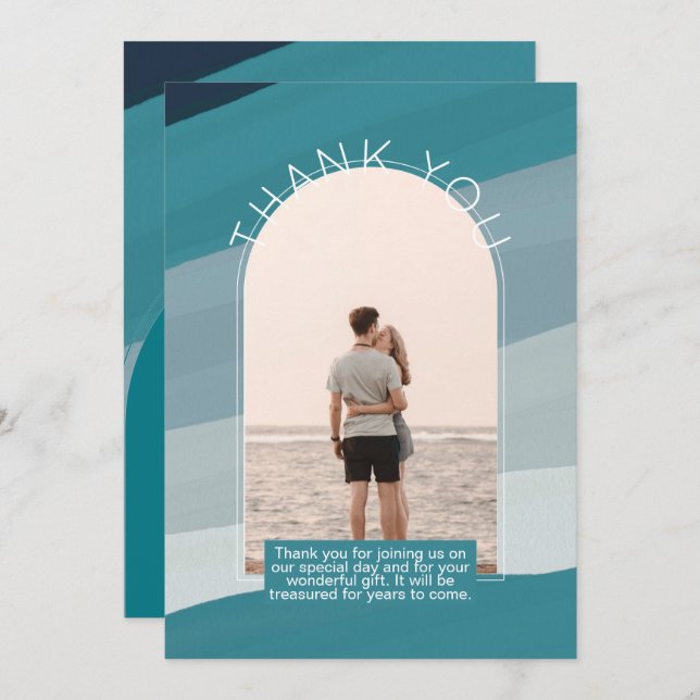 Contemporary TEAL Striped PHOTO THANK YOU Invitation (Front/Back)