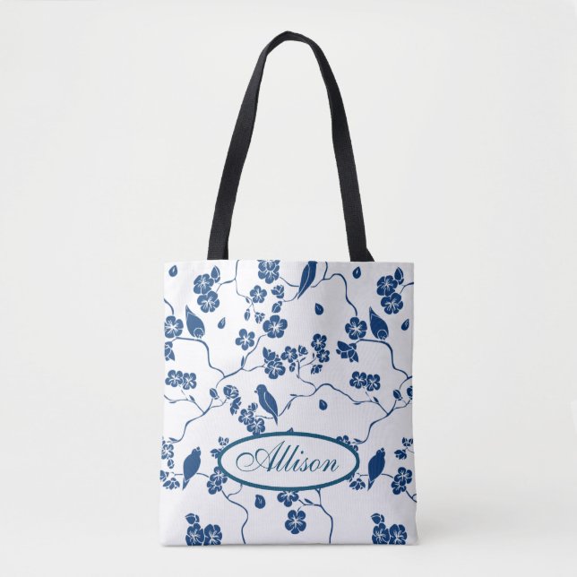 Contemporary Toile Birds & Florals Tote Bag (Front)