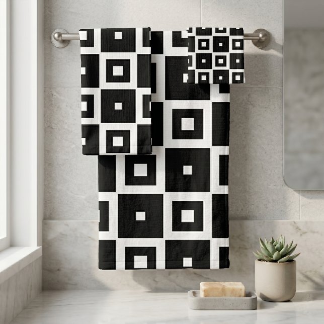 Contemporary Trendy Black & White Squares Pattern Bath Towel Set (Creator Uploaded)