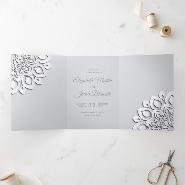 Contemporary White Papercut Mandala Wedding Tri-Fold Invitation (Inside)