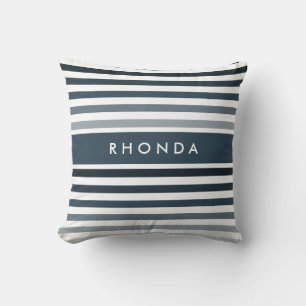 Contemporary Wide Stripes With Name in Steel Blue Cushion