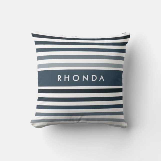Contemporary Wide Stripes With Name in Steel Blue Cushion (Front)