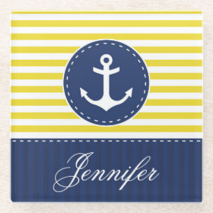 Contemporary Yellow Blue Anchor Custom Name Glass Coaster