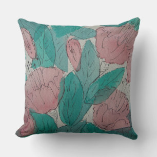 contempory sketchy fuschia flowers and leaves art cushion