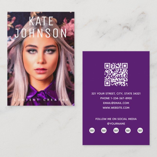 Content Creator Influencer Photo Purple Modern Business Card (Front/Back)