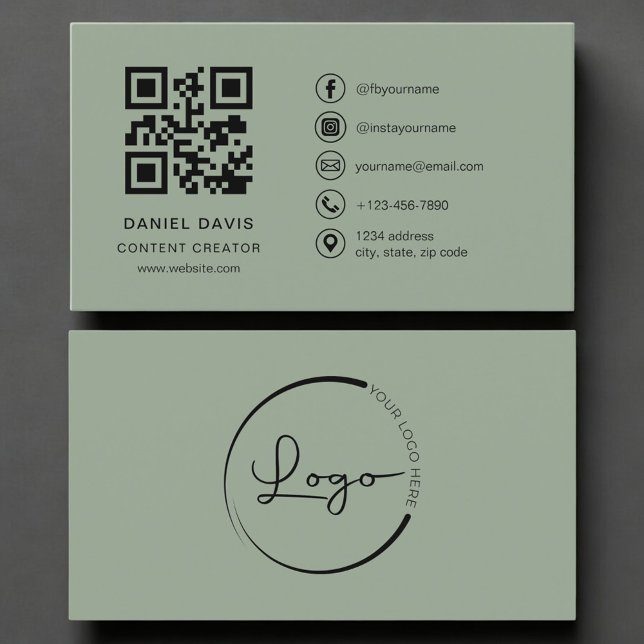 Content Creator Sage Green Logo QR Code  Business Card (Creator Uploaded)