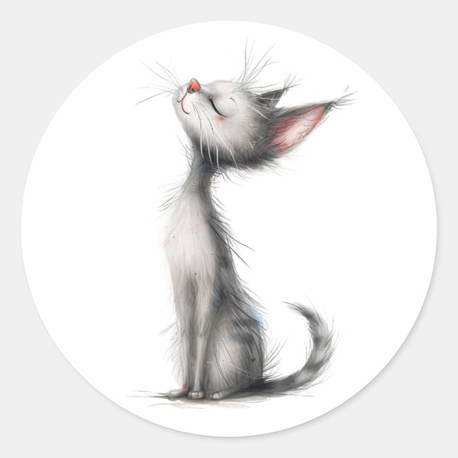 Contented Grey Cat Illustration Classic Round Sticker (Front)