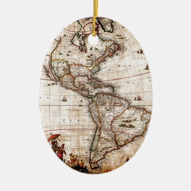 Continent of America Old Map Ceramic Tree Decoration (Front)