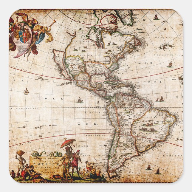 Continent of America Old Map Square Sticker (Front)