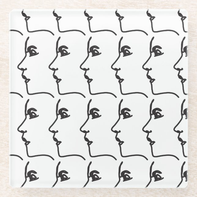 Continuous line, face profiles, artistic illustrat glass coaster (Front)