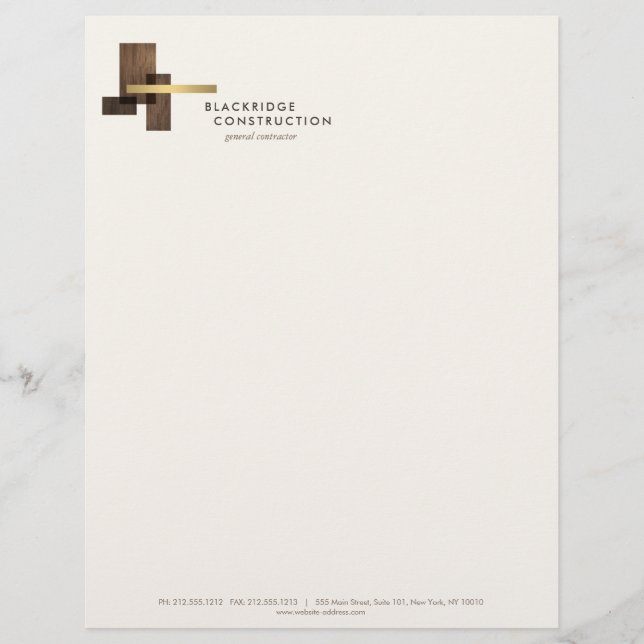 Contractor Construction Wood Gold Logo Ivory Custom Letterhead (Front)