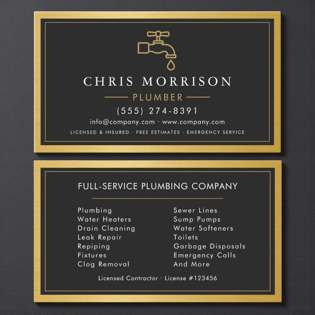 Contractor Plumbing Service Gold Black Business Card (Creator Uploaded)