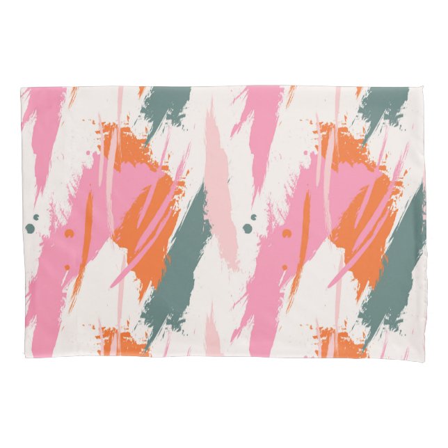 Contrast brush strokes pink green red  pillowcase (Front)