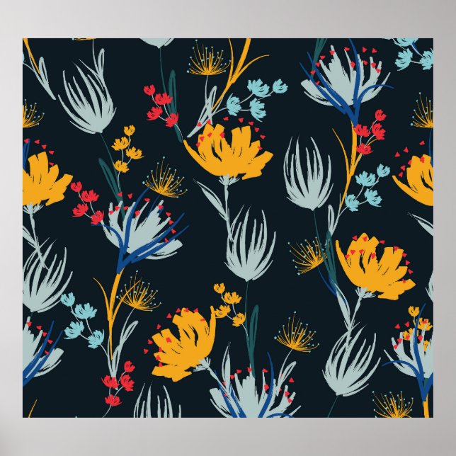 Contrast Floral Brush: Black Seamless Poster (Front)