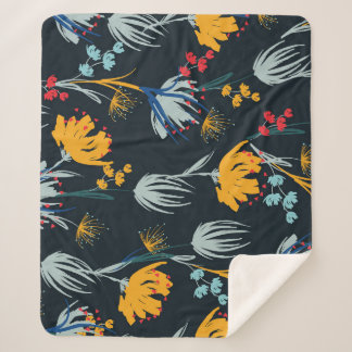 Contrast Floral Brush: Black Seamless Sherpa Blanket